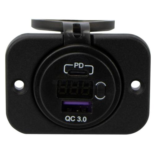 Power Socket Twin USB-A/USB-C with Voltmeter Flush Mount Black Relaxn